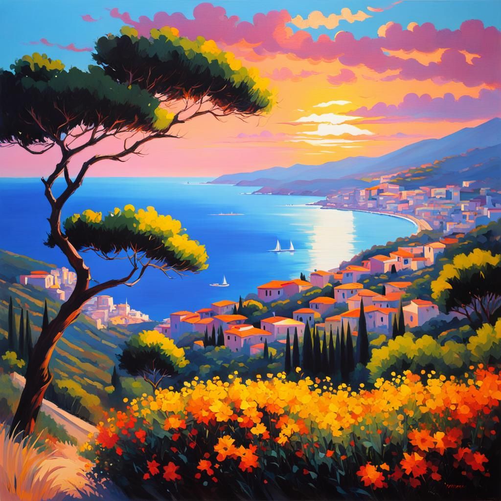Impressionistic Italian Sunset Coastal Landscape