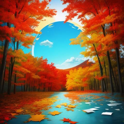 Torn paper collage art - impressive autumn in paradise, 3D image, red, yellow, orange, light blue mood. Nostalgic and em...