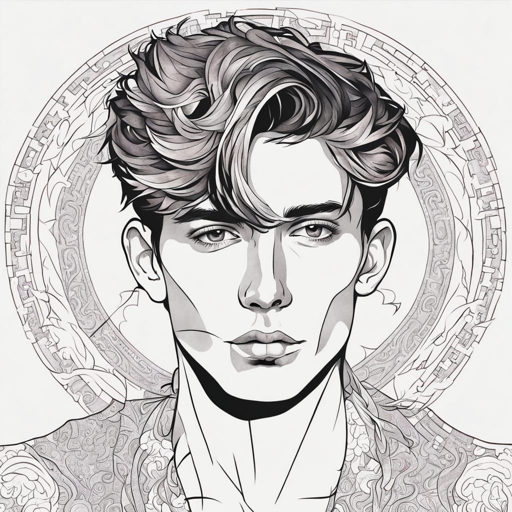 Minimal Line Art Portrait of a Young Man with Sacred Symbols
