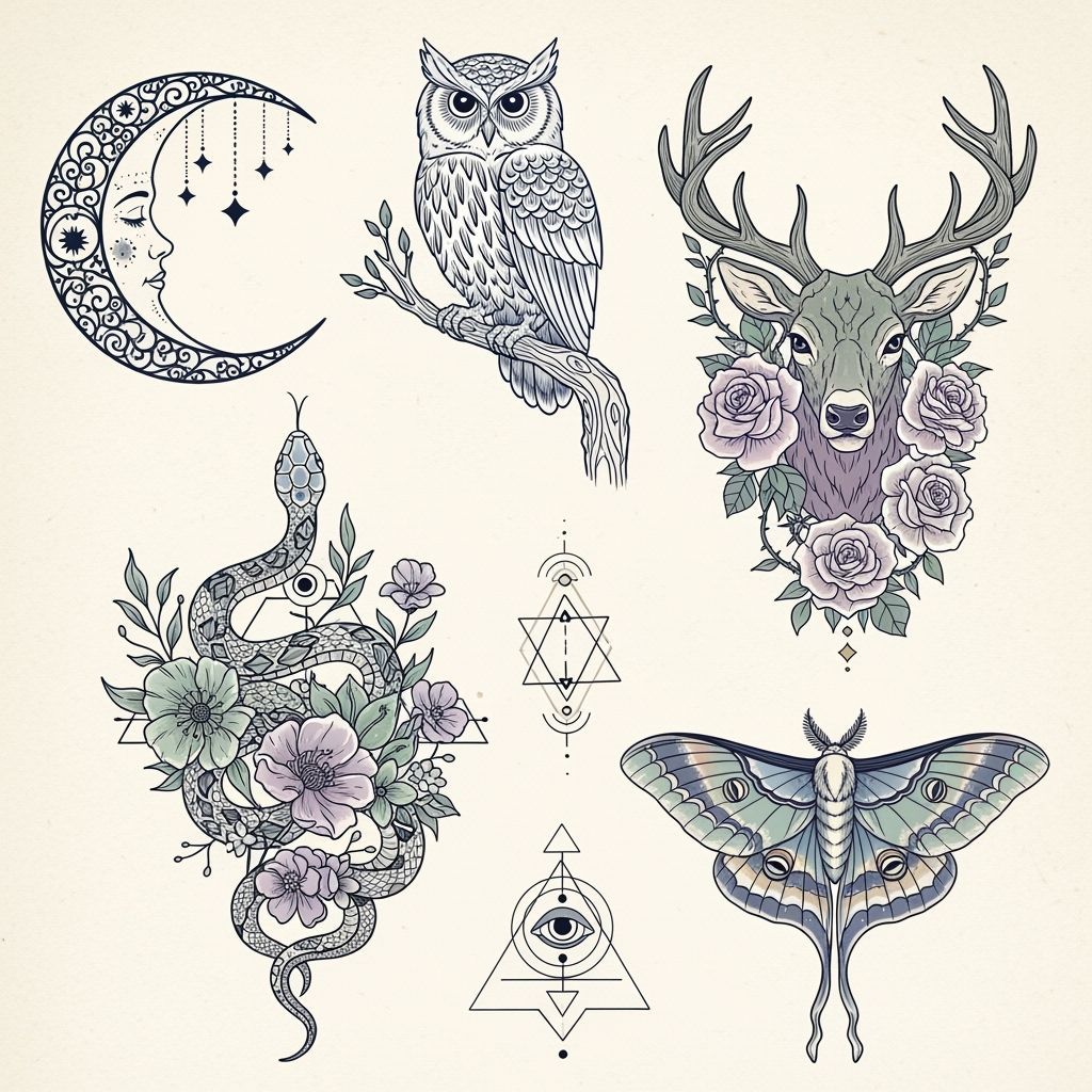 Mystical Tattoo Flash Sheet with Occult Designs