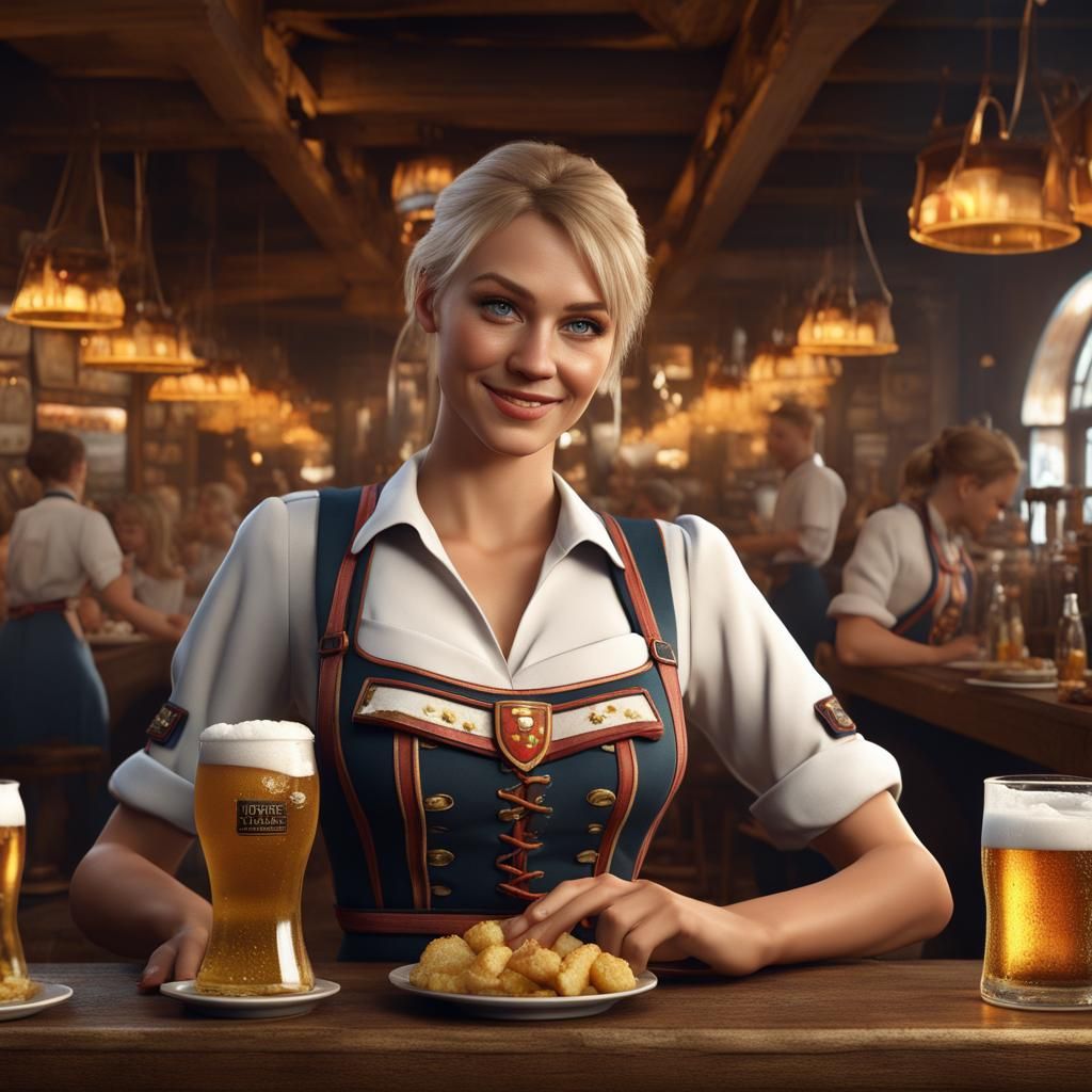 German Waitress Serving Beer: Detailed Fantasy Art