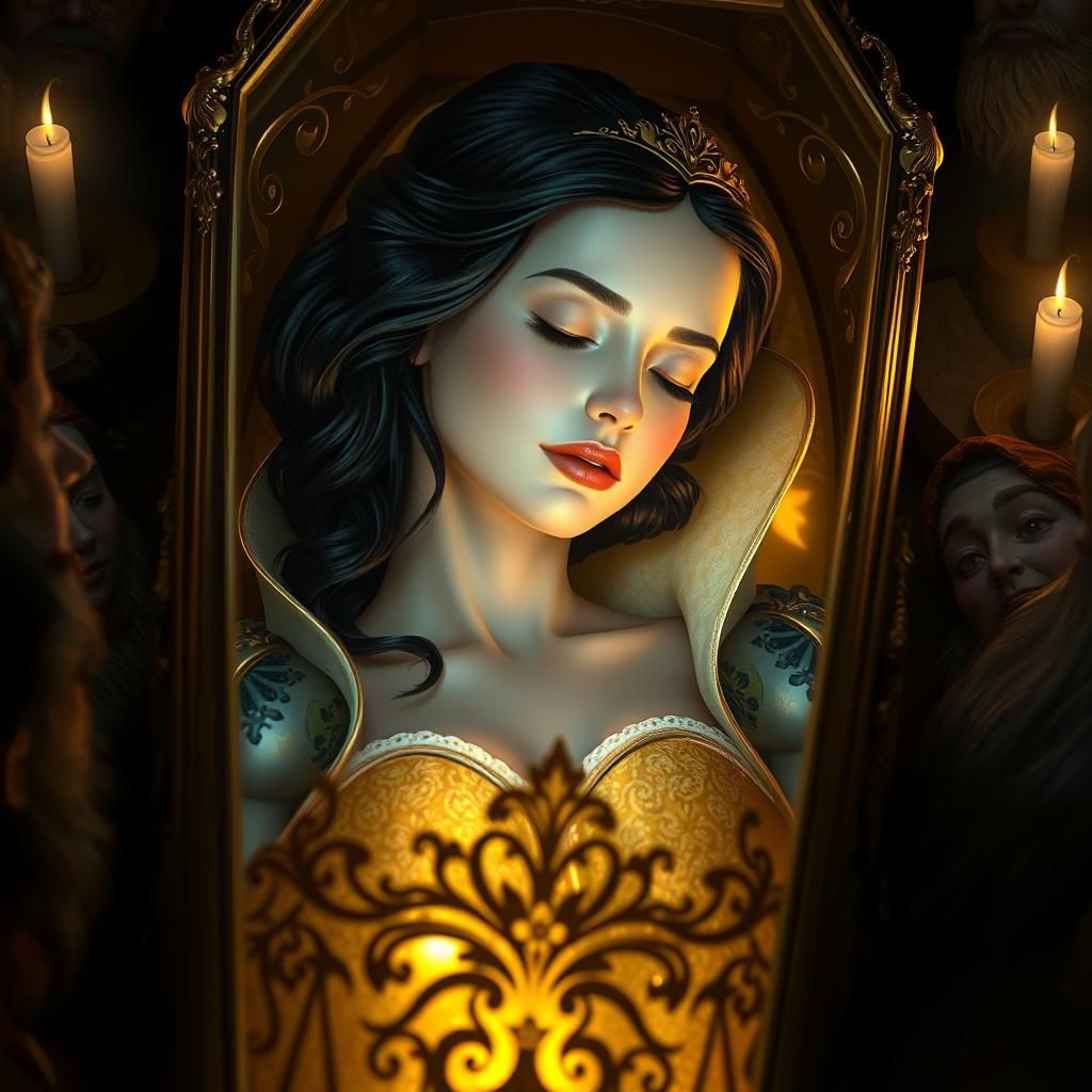Snow White slept in a death like state, so beautiful even in...