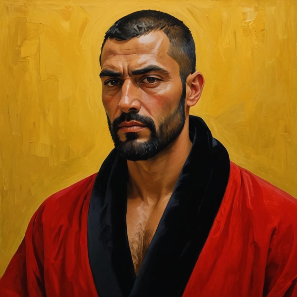 Expressive Portrait of Man in Red Robe as Impasto Painting