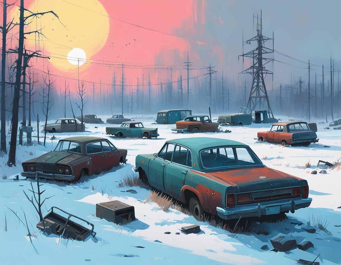 Bleak Junkyard Scene Inspired by Hudson River School