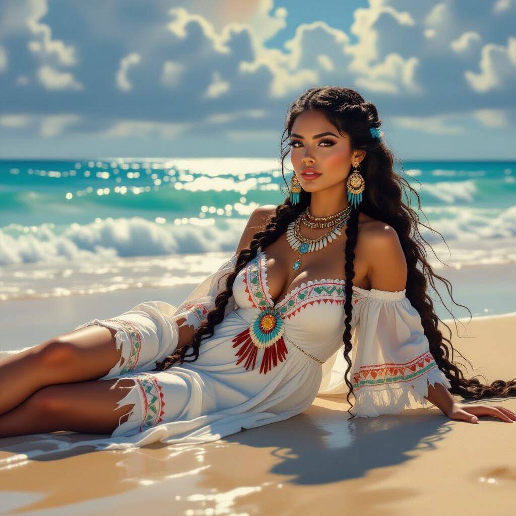 Native American Woman on Beach, Hyperrealistic Airbrush Pain...
