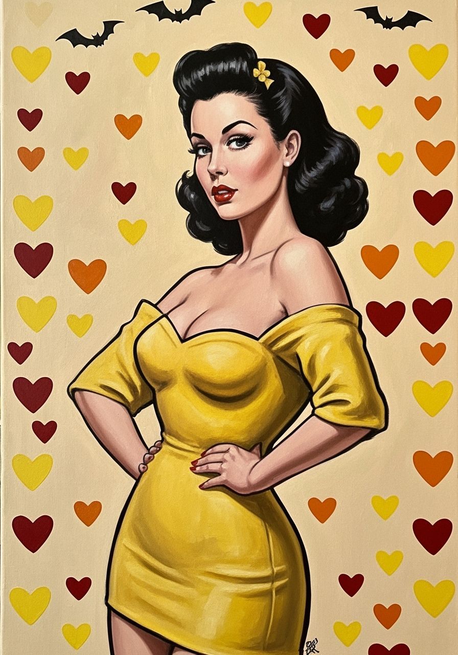 Classic Halloween Pinup Art with Red Yellow Orange Hearts