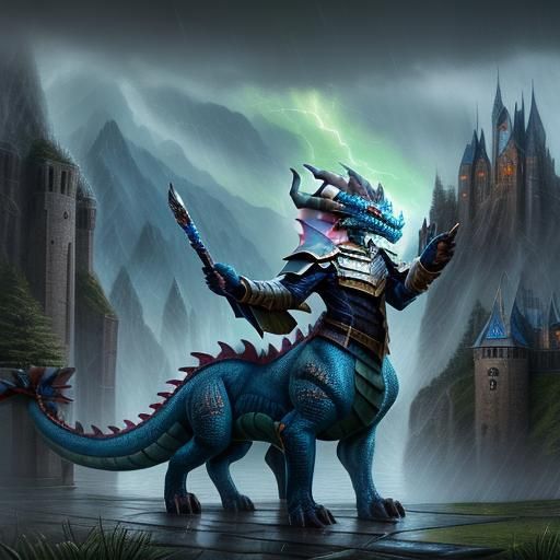 Dragon Taur Mage Portrait in Rainstorm