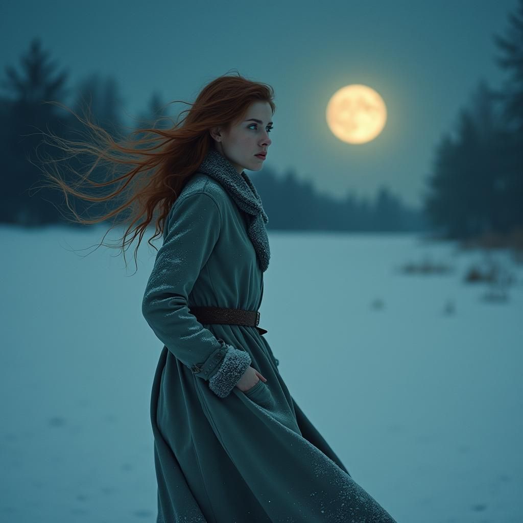 Sorrowful Woman in Snowy Landscape: Cinematic Realism