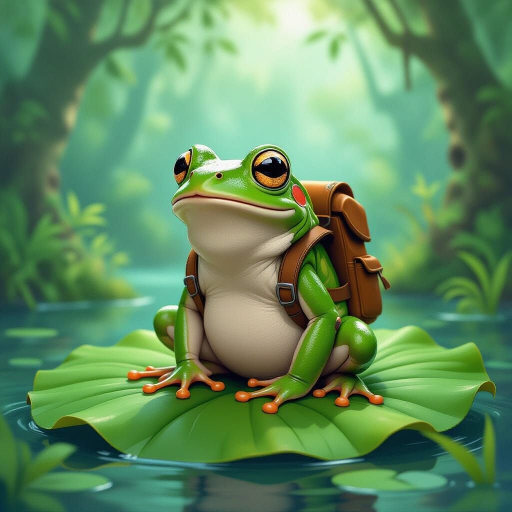 Surprised Frog in Whimsical Forest, Detailed Illustration