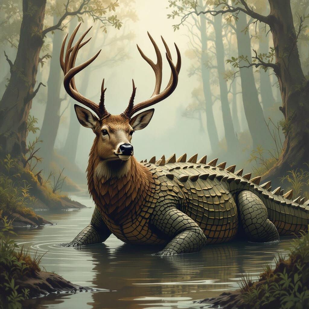 Deer and Crocodile Hybrid in Mystical Forest