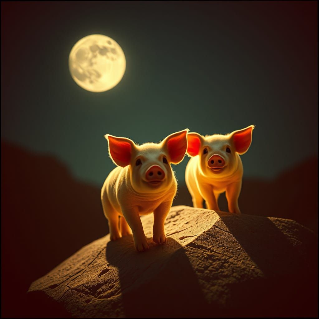 Ethereal Lunar Pigs in Cinematic 35mm Film Style