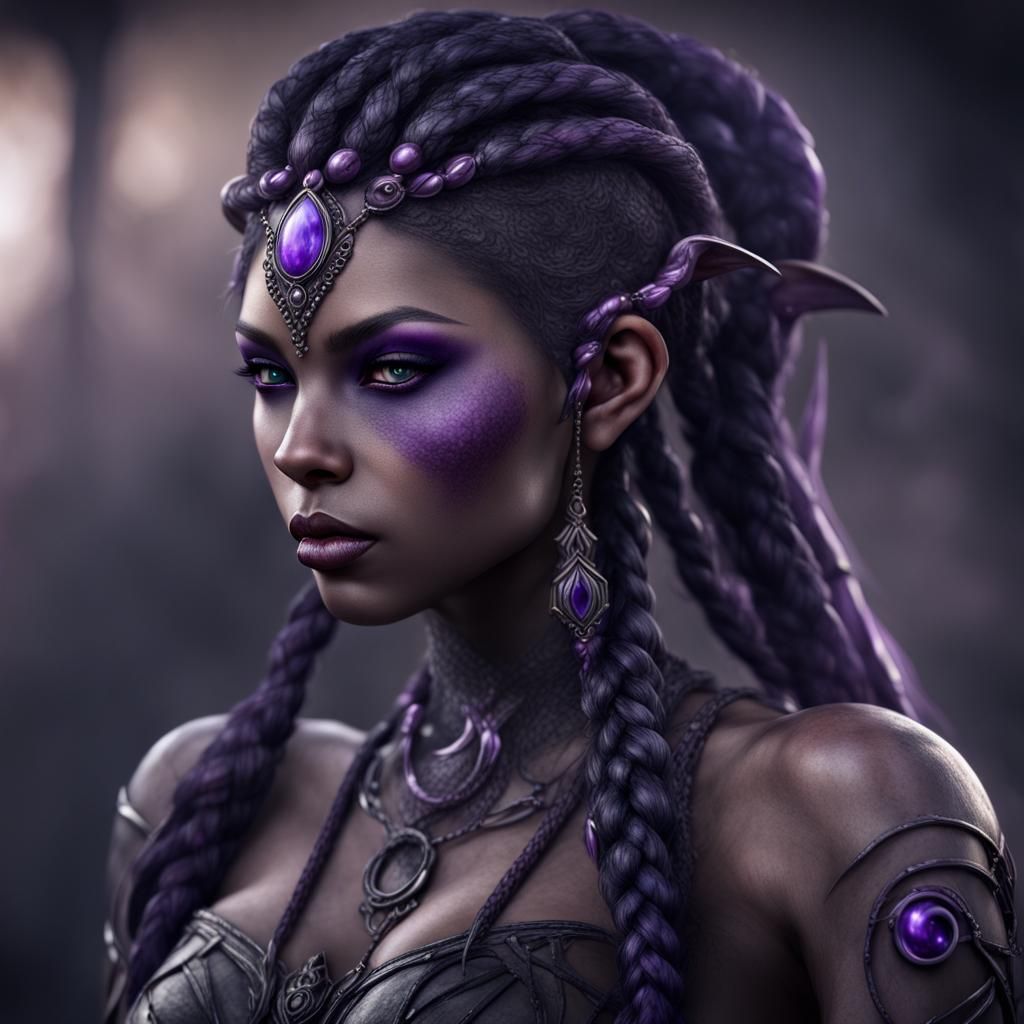 Hyperrealistic Abyssal Elf with Stone Skin and Braids