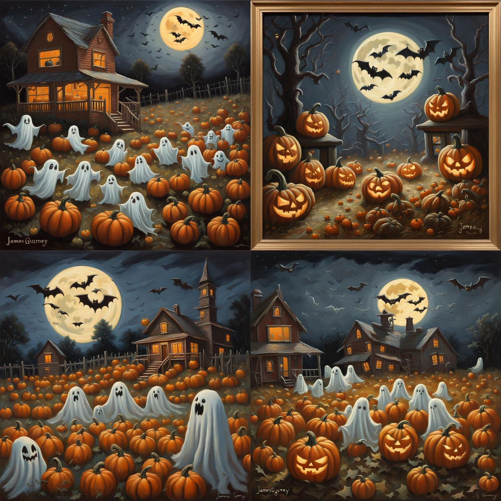 Ghosts Play in Pumpkin Patch: Oil Painting