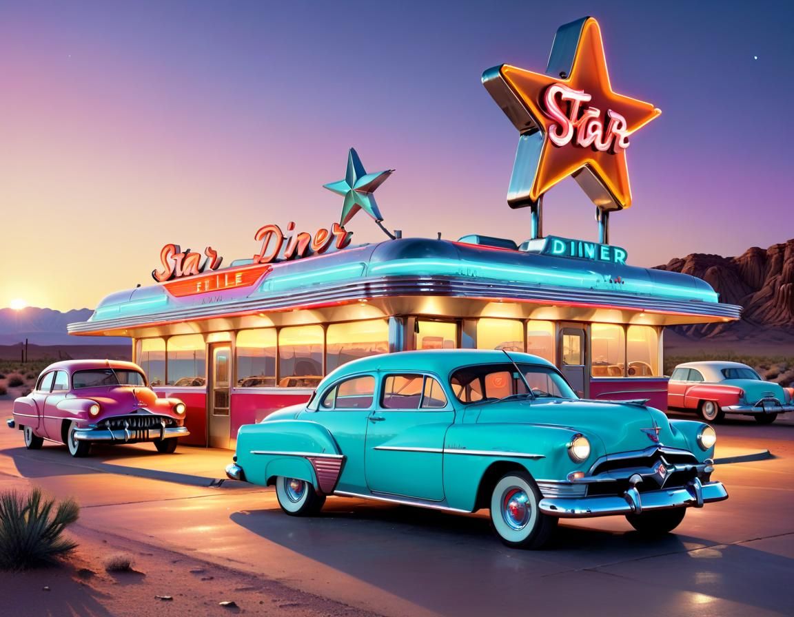 1950s Diner on Desert Highway at Magic Hour