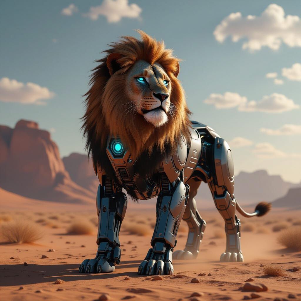 Cybernetic Lion in Desert Landscape