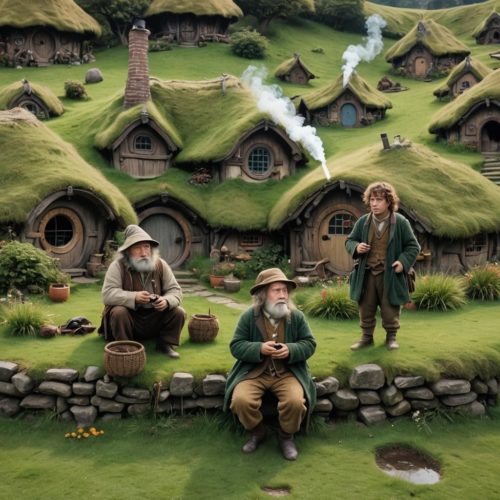 Hobbits Smoking Pipes in Front of Grass Houses