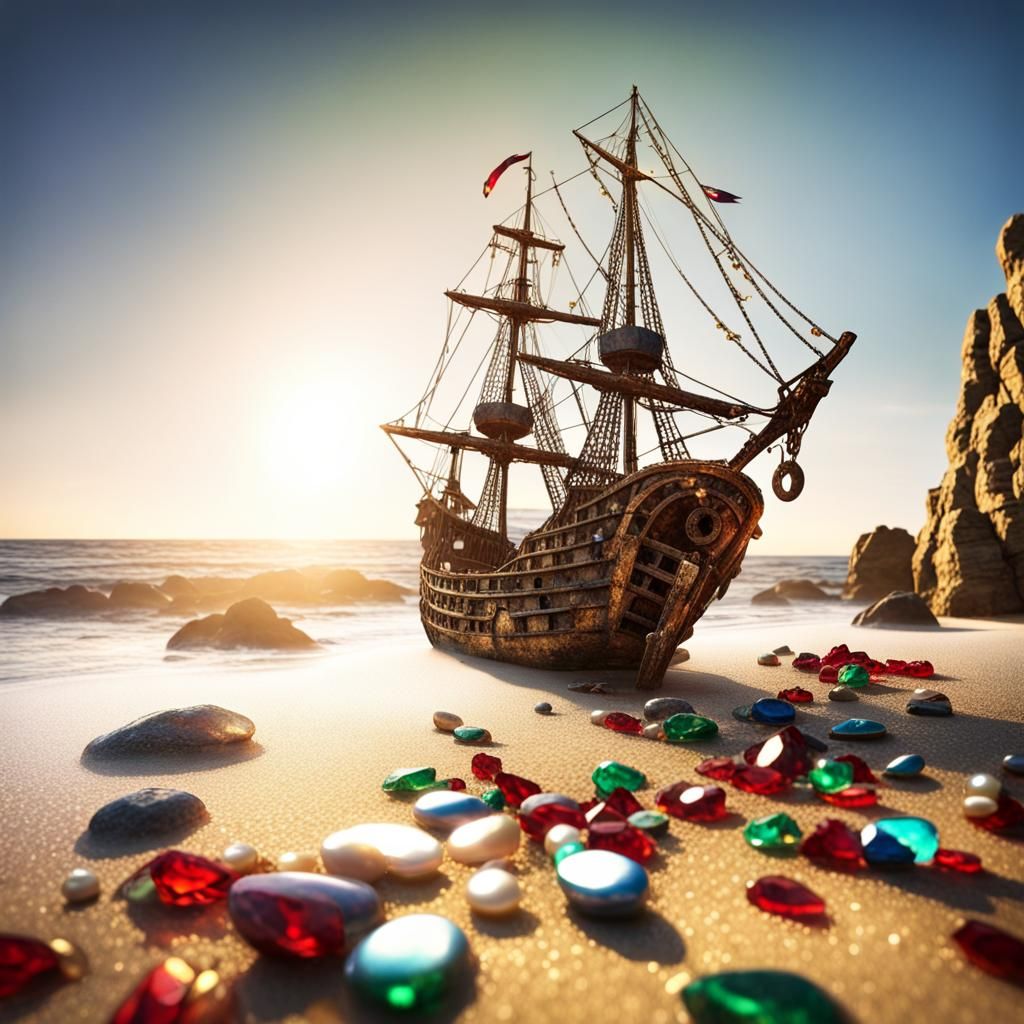 Wrecked Pirate Ship Treasure Spill on Shoreline