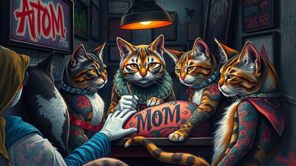 Vibrant Feline Friends Gather in Tattoo Parlor Graffiti Scen...