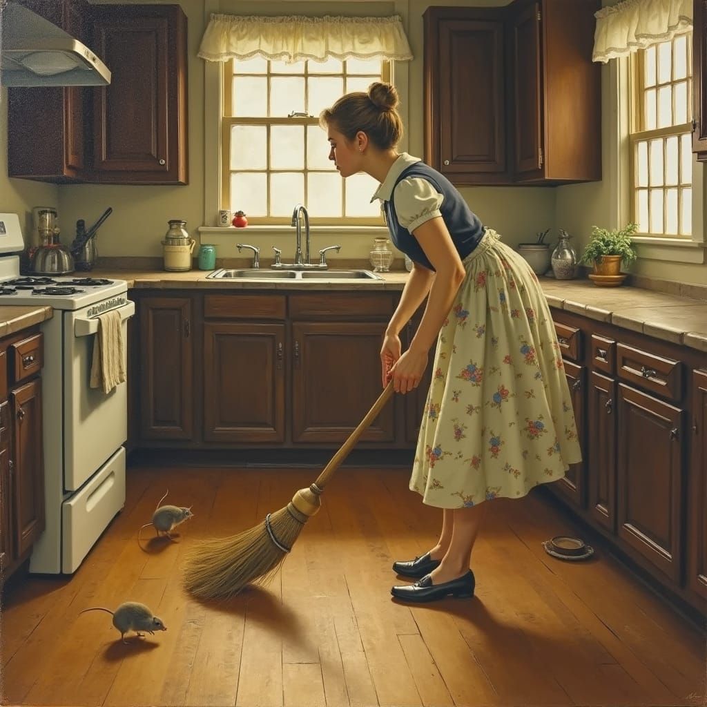 Woman in Kitchen Chasing Mice, Americana Painting