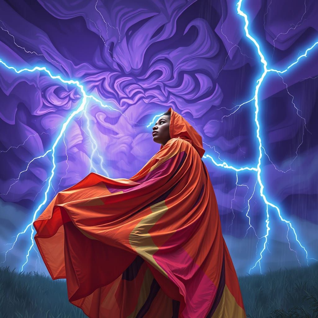 Afrofuturist Woman in Electric Storm, Digital Art