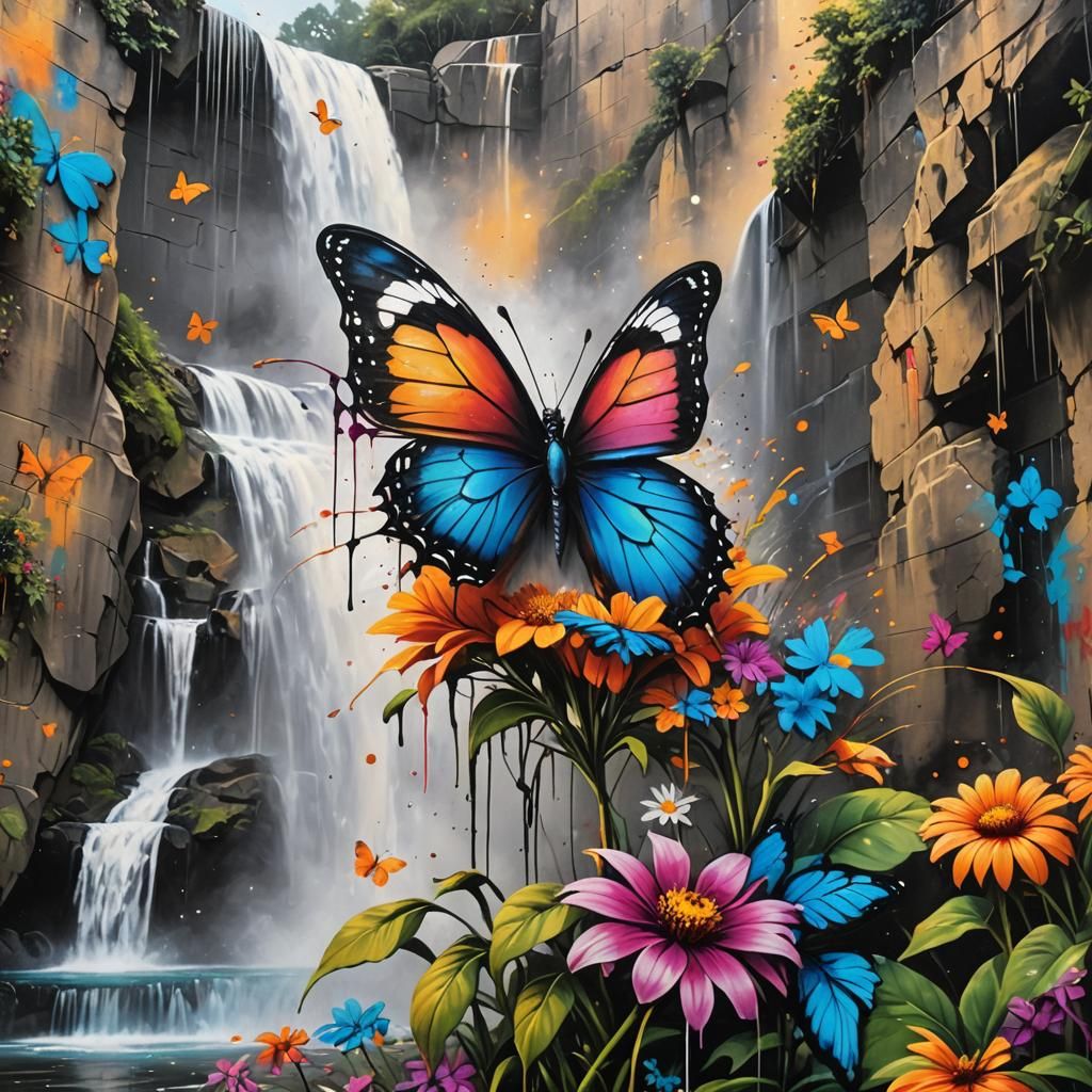 Butterfly on Flower in Photorealistic Graffiti Art
