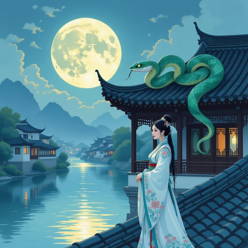 Hanfu Woman and Snake by Moonlit River