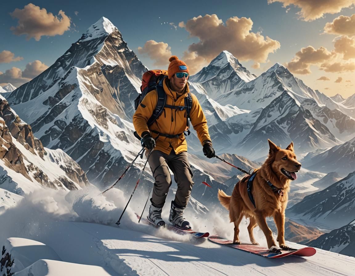 Man and Dog Skiing Snowy Mt. Everest