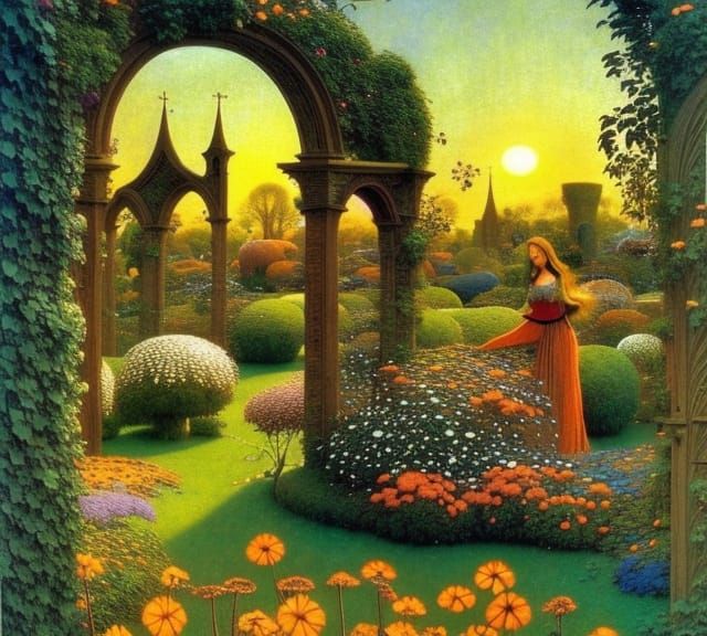 Sunrise Garden with Wildflowers in Art Nouveau Style