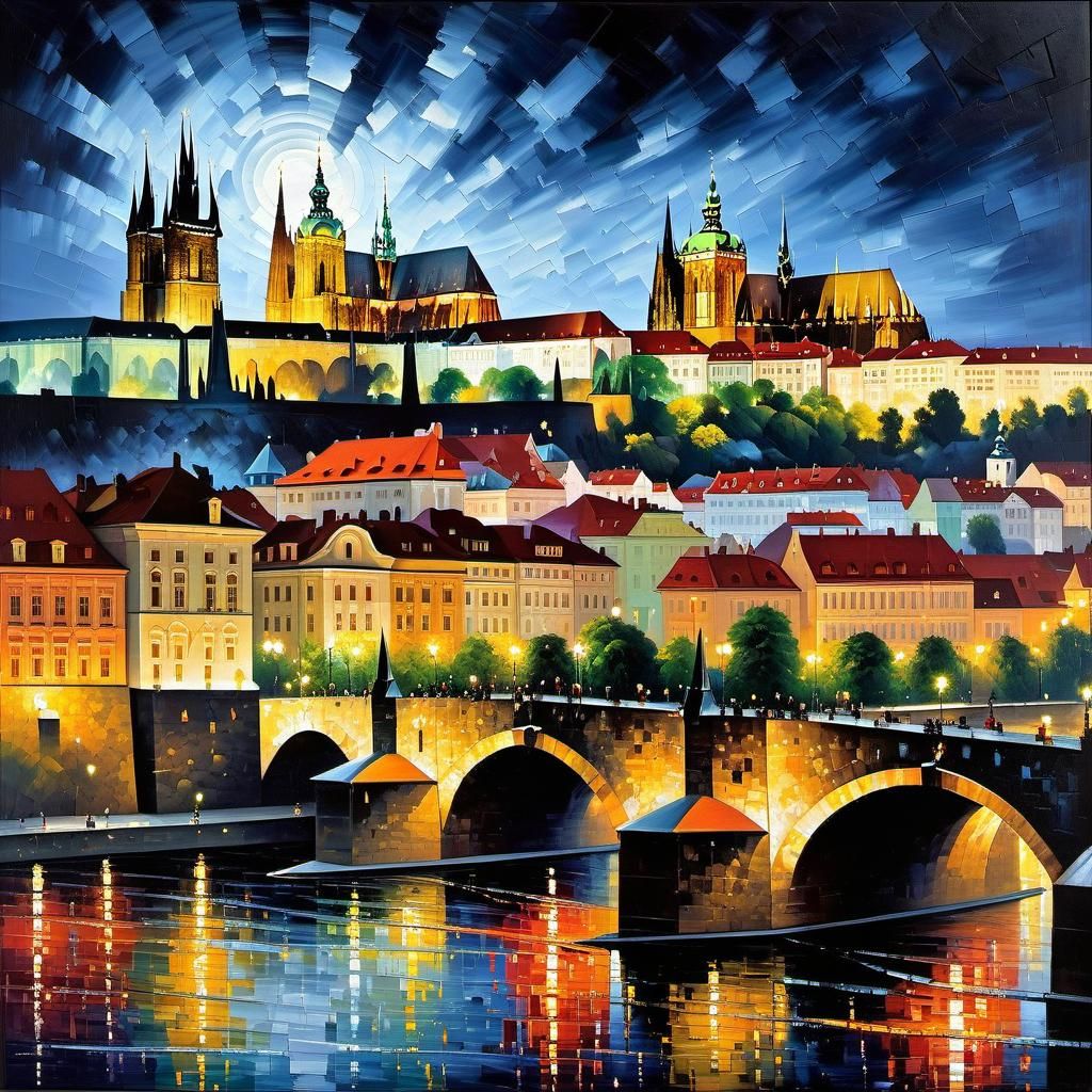 Prague at Night: Puzzle Art Inspired by Palette Knife Oil Pa...