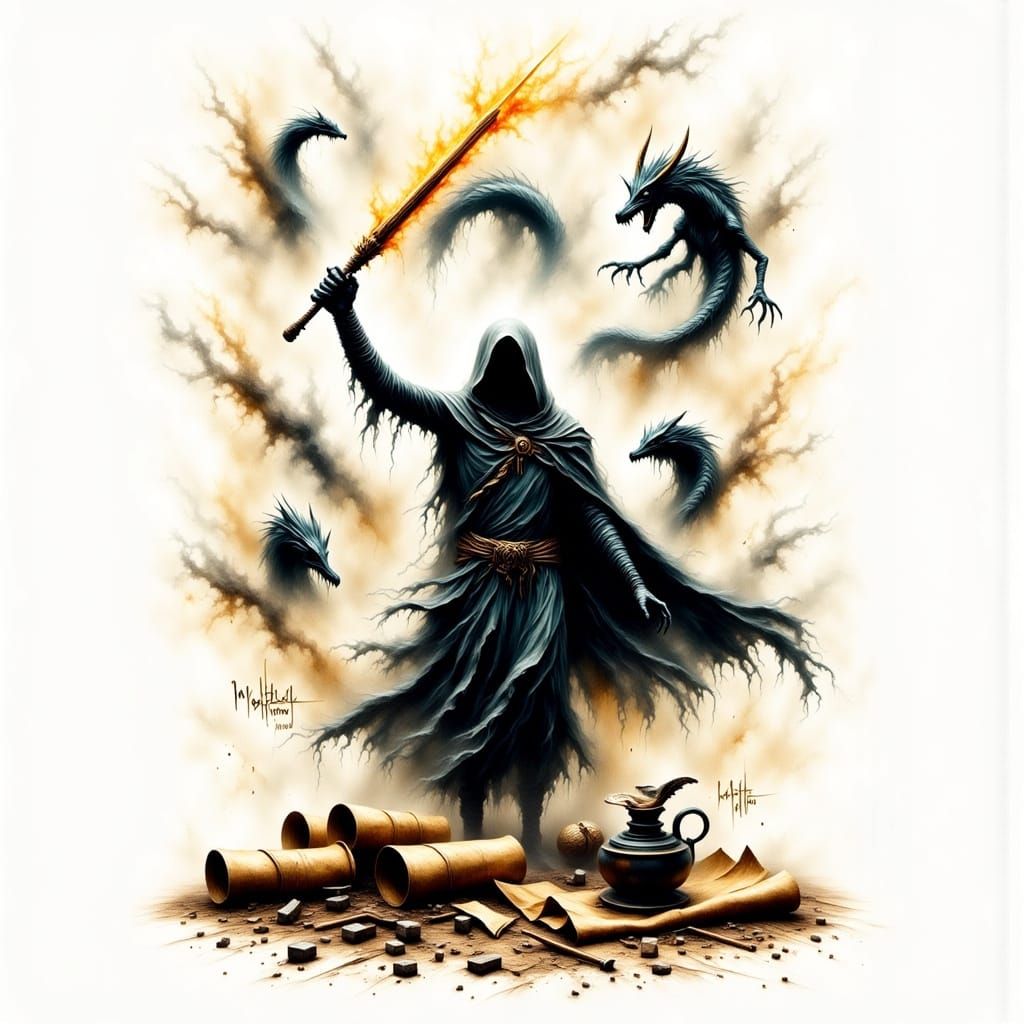 Heroic Myth Creator with Glowing Pencil Illustration