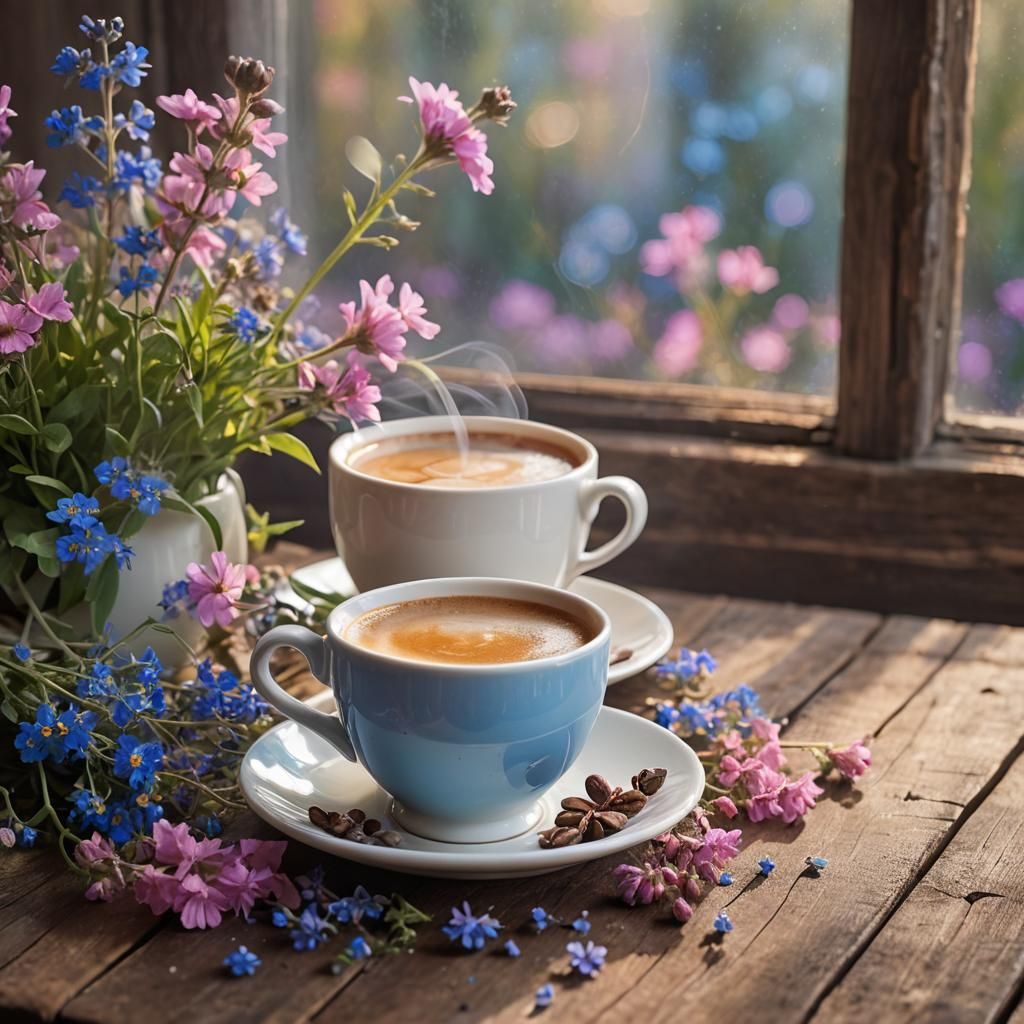 Aromatic Coffee and Wildflowers Still Life Photography