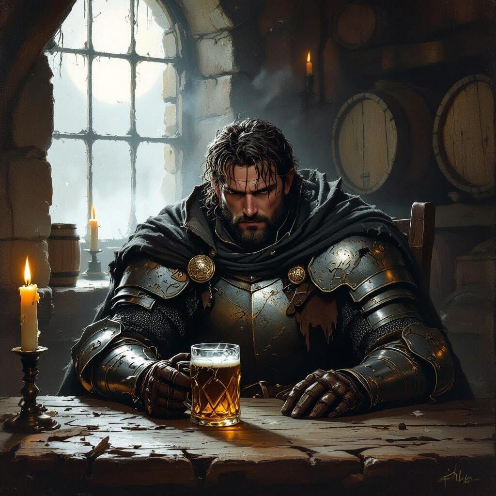 Knight in Dim Tavern: A Gritty Realism Portrait