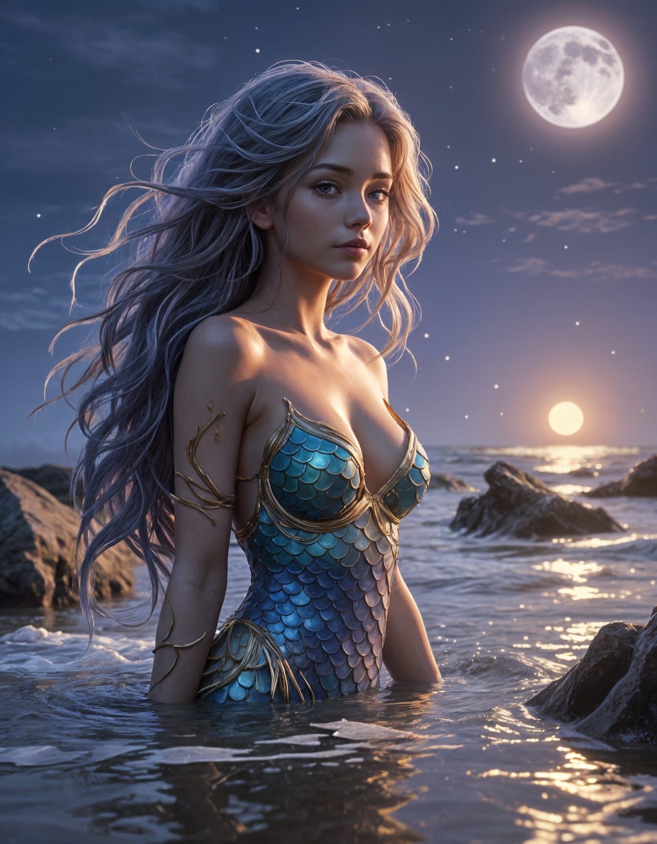 Anime Mermaid in Moonlight on a Deserted Beach