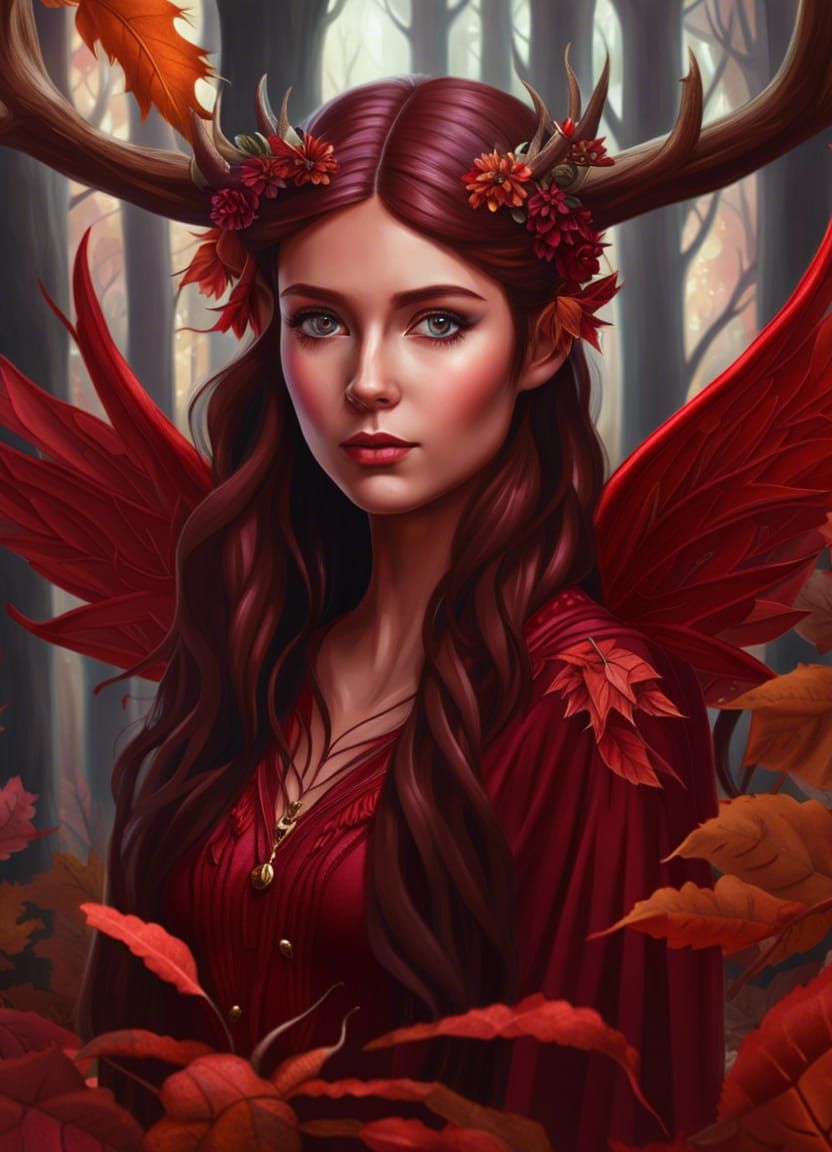 Beautiful Fairy with Deer Antlers in Autumn Forest