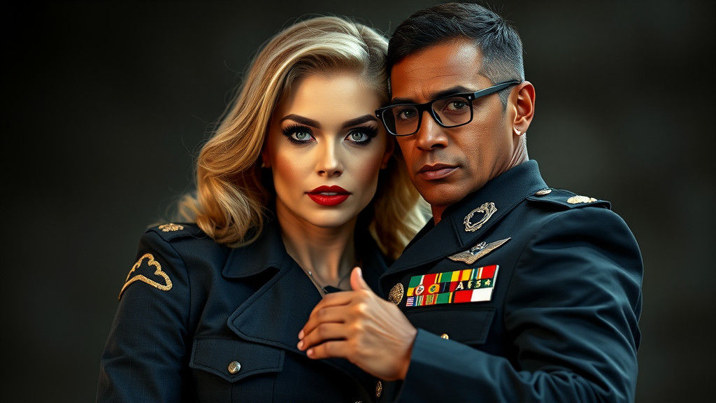 Voluptuous Woman in Military Uniform Lifts Man