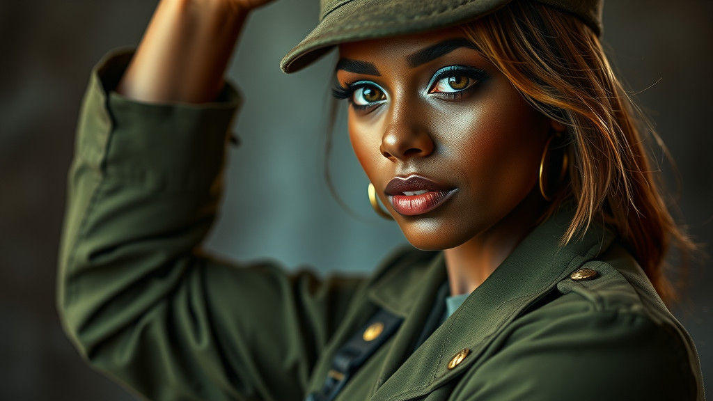 Curvy Woman in Military Uniform Lifts Man