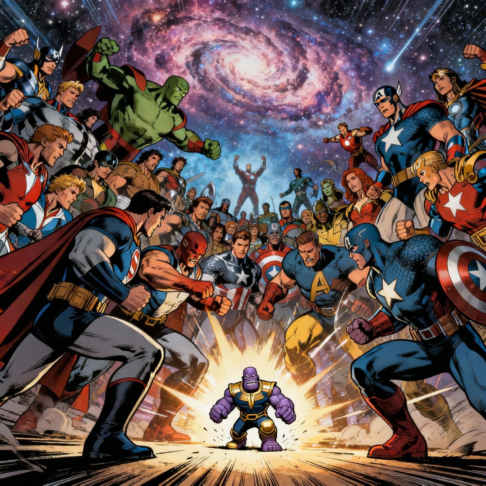 Avengers Overwhelm Tiny Thanos in Comic Book Style
