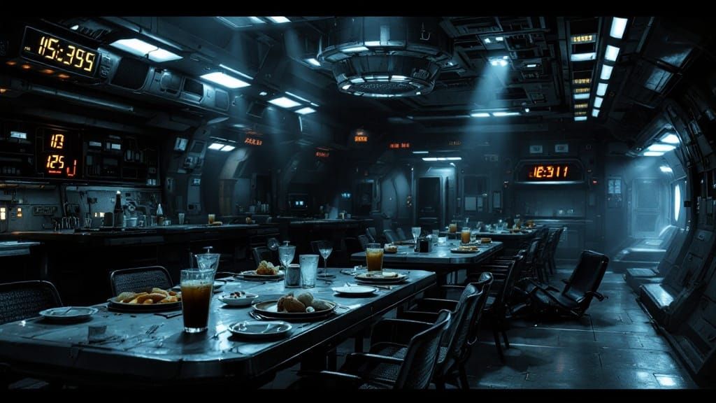 Abandoned Spaceship Mess Hall in a Sci-Fi Horror Atmosphere