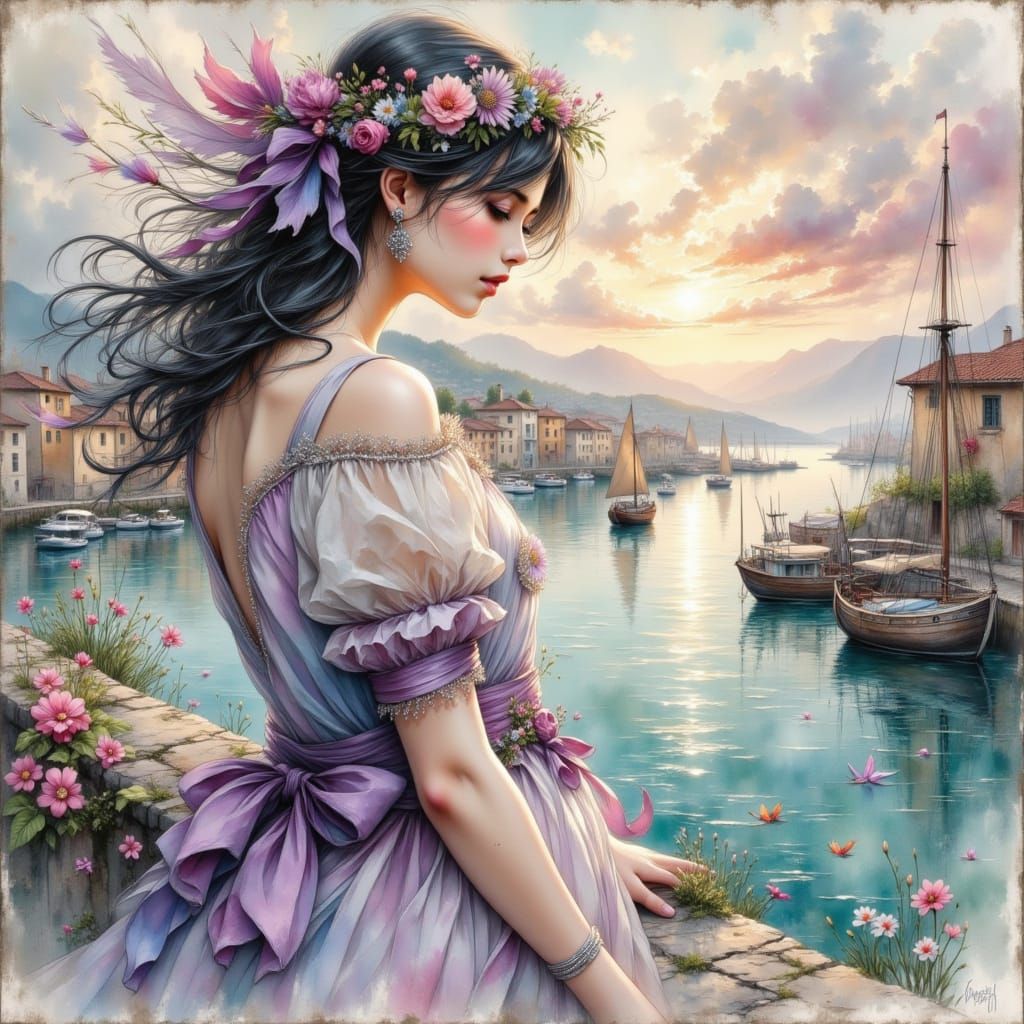 Ethereal Anime Woman in Old Town Harbor, Ink Charcoal Style