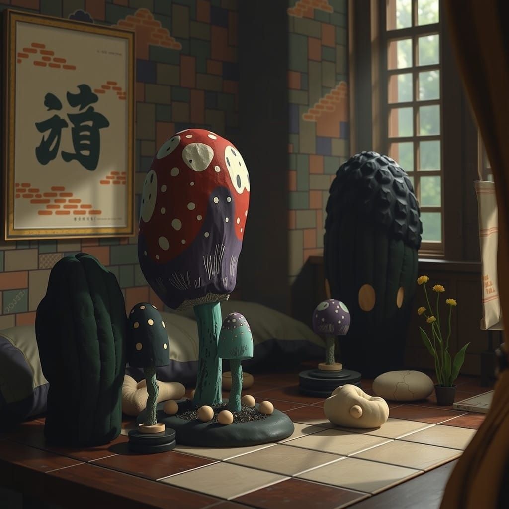 Pixelated Mushrooms in a Retro Arcade Landscape