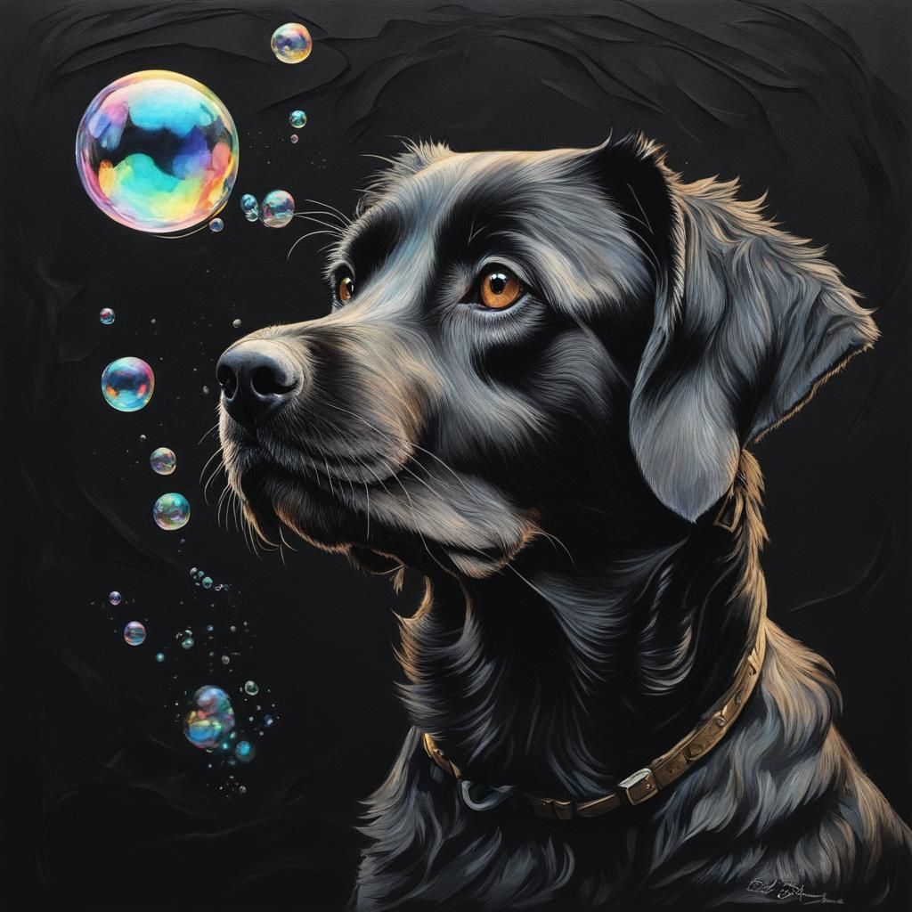 Luminous Dark Dog Shakes in Soap Bubble Drawing