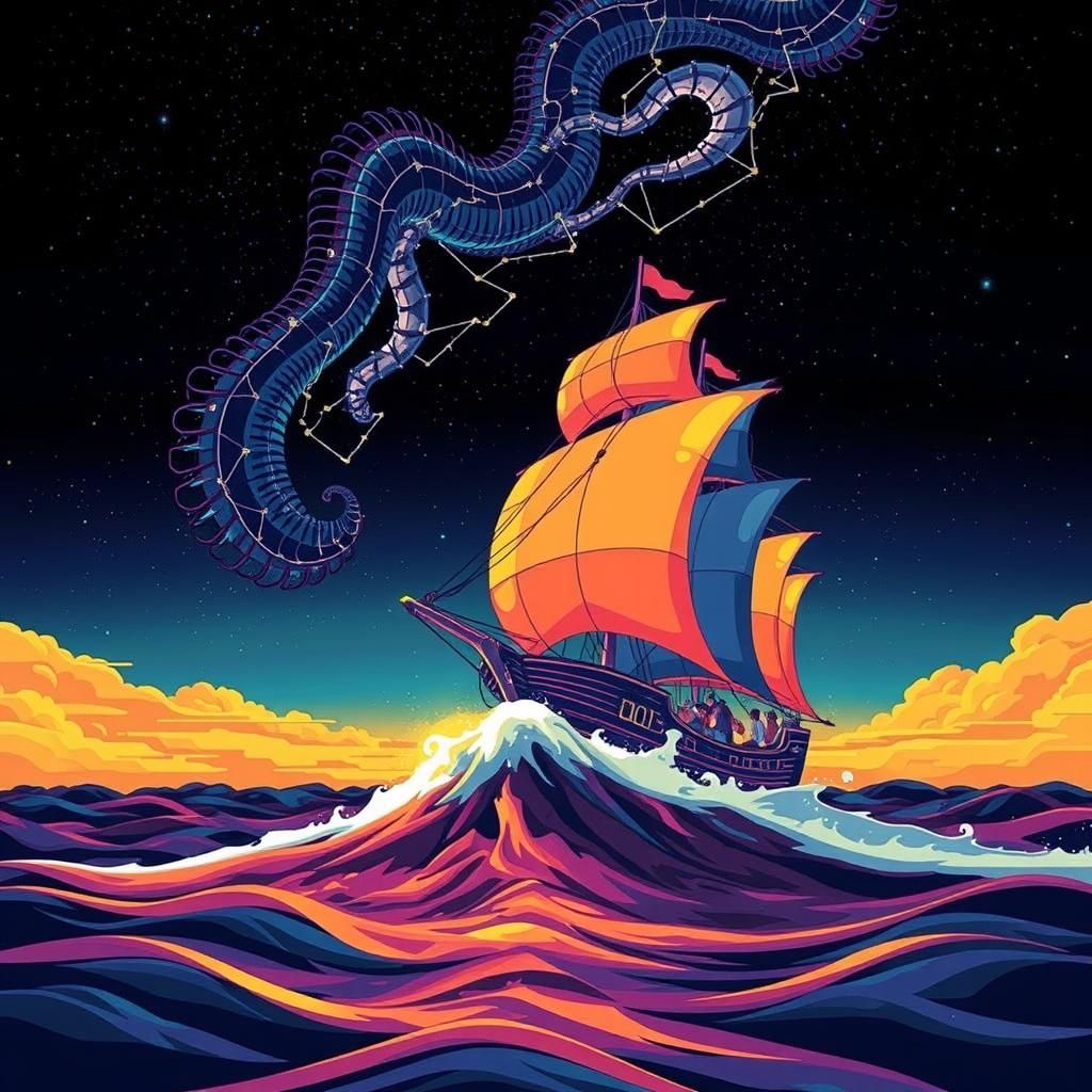 Ocean Ship Sails Under Serpent Constellation: Vector Art