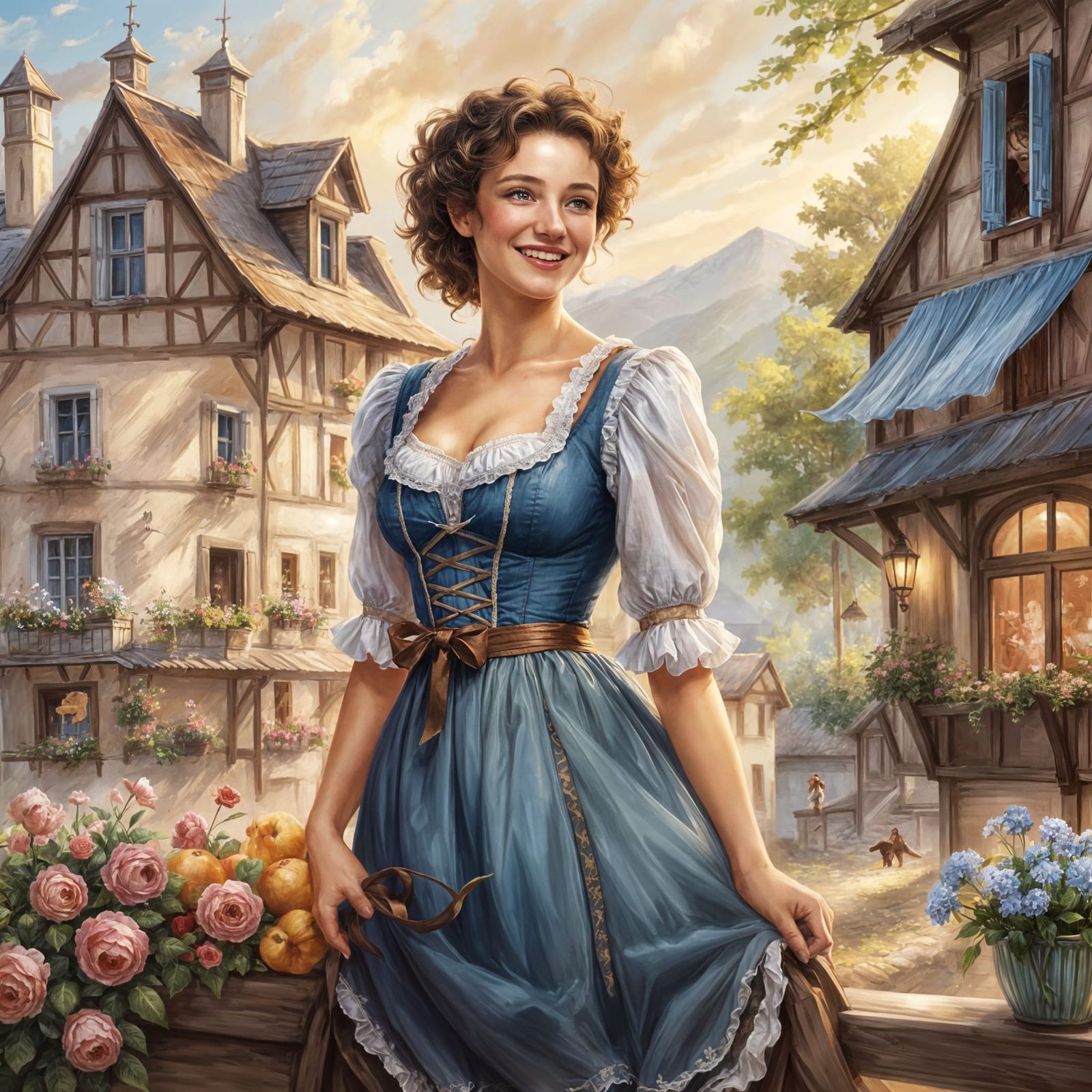 beautiful happy French lady waiting in a little Town