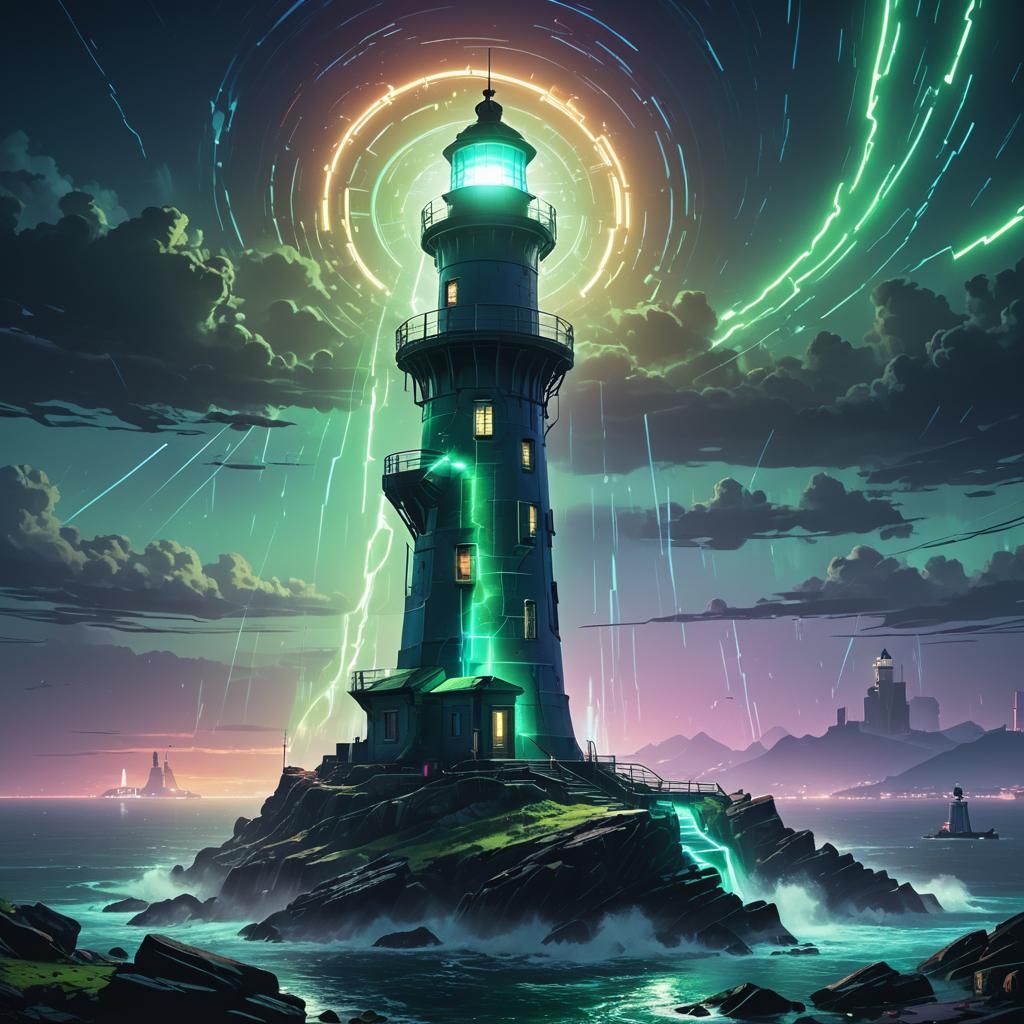 Cyberpunk Lighthouse Shines on Rocky Coastline
