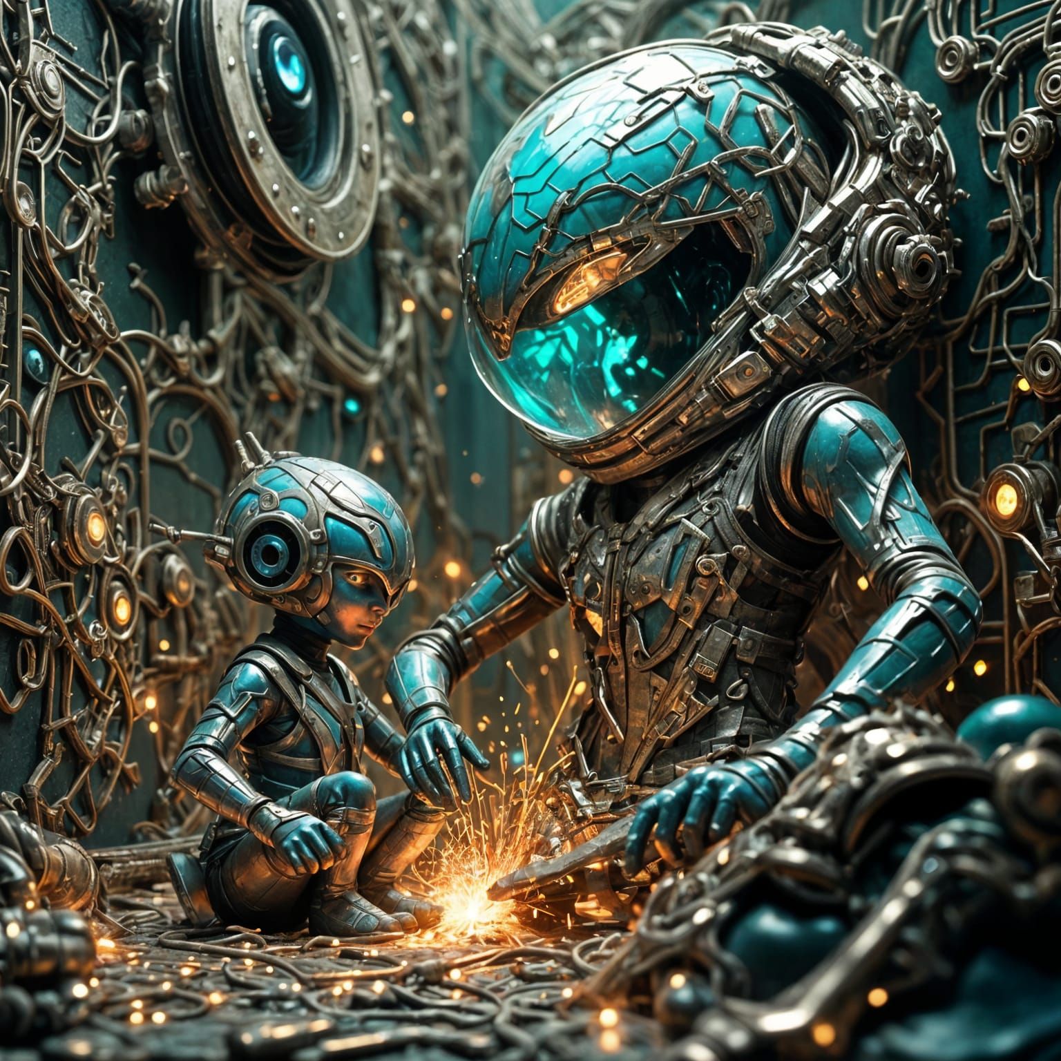 Whirring Motherboard Scene in Cyberpunk Style