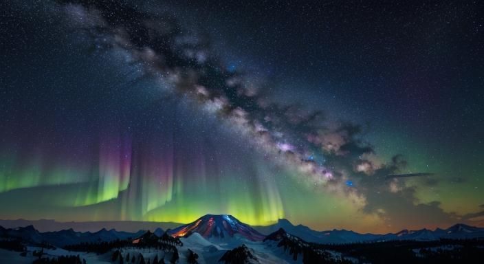 Aurora and Milky Way over Mt Rainier in 8K
