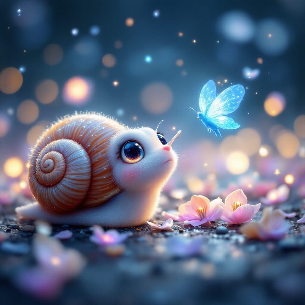 Enchanted Snail Encounter Under a Dreamy Night Sky