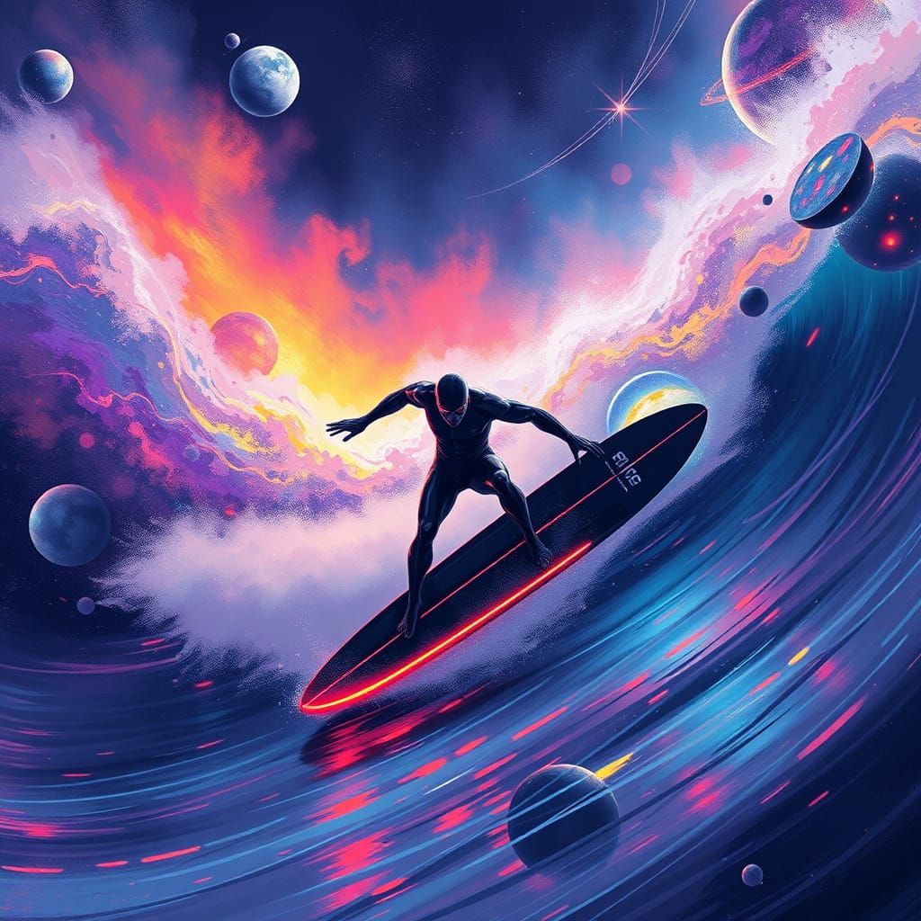 Surreal Cosmic Rider Glides Through Vibrant Time-Space Waves...