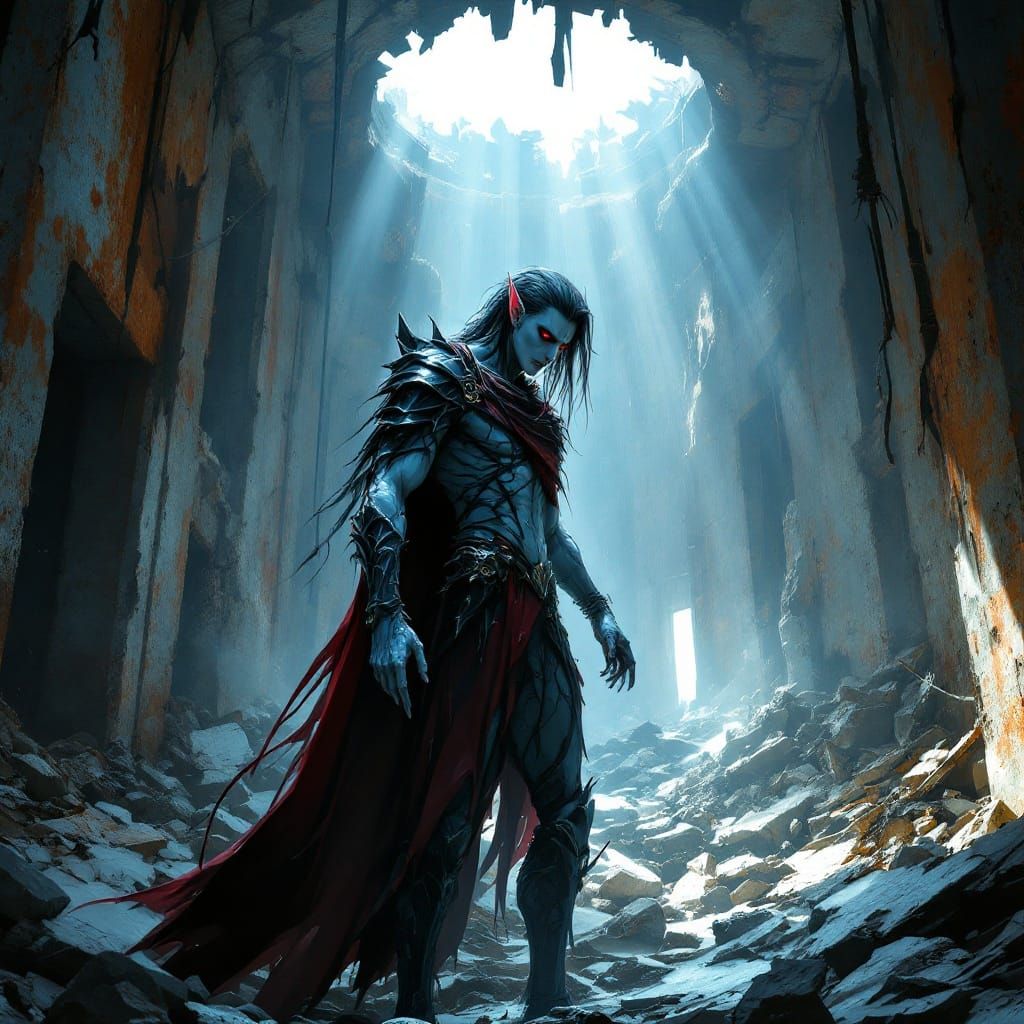 Ethereal Elf Warrior Amidst Ruins in Anime Style