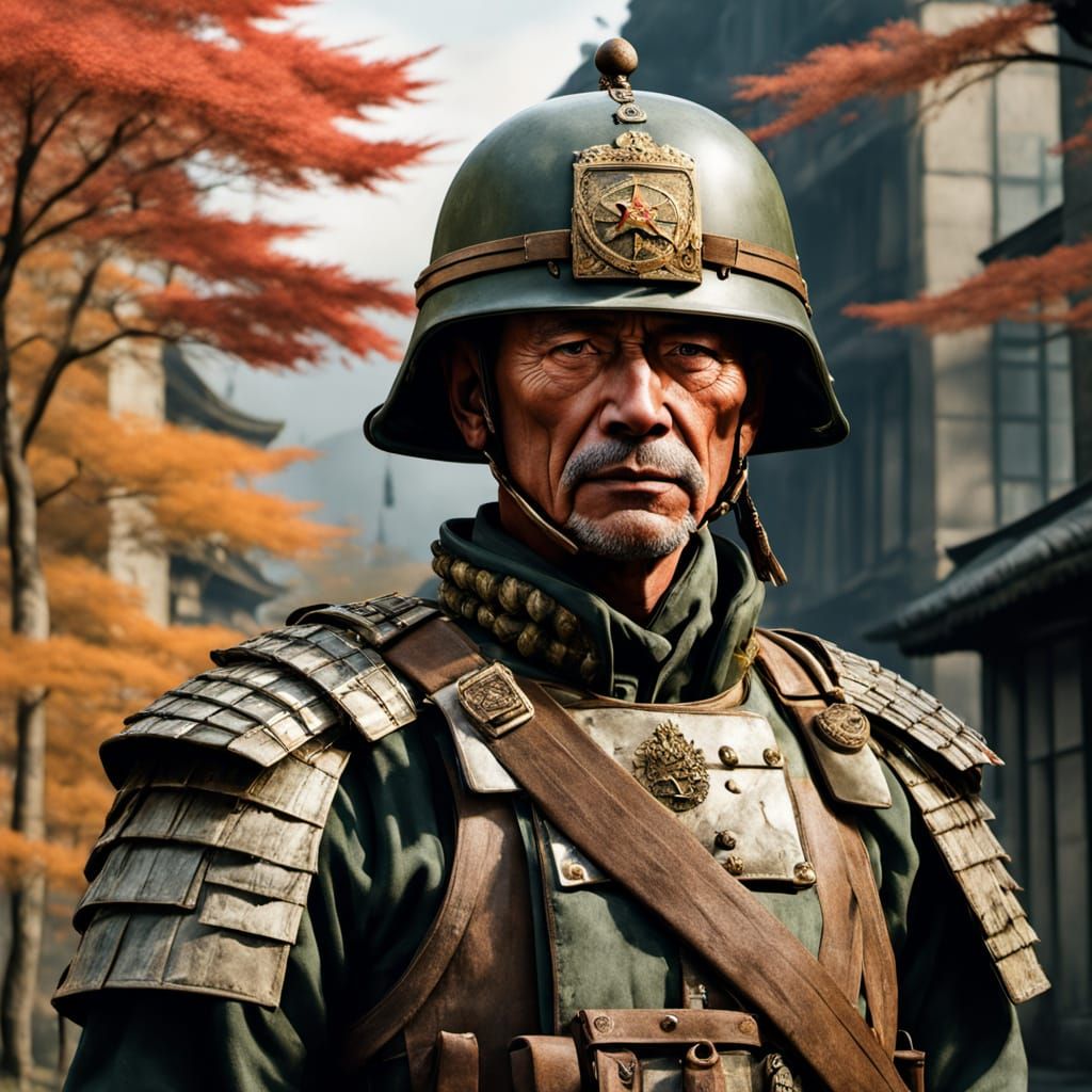 Stern General in War-Torn Cityscape: Photorealistic Portrait